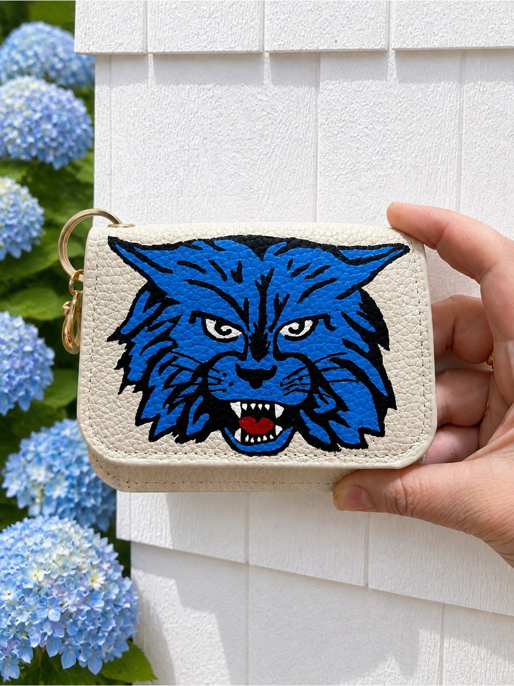 Blue Wildcat Wallet Keyring - Cream Vegan Leather Card Case